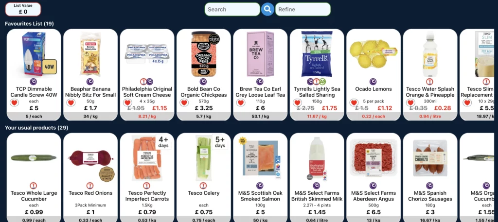 Shopsplit Catalogue main screen with favourites and usual products