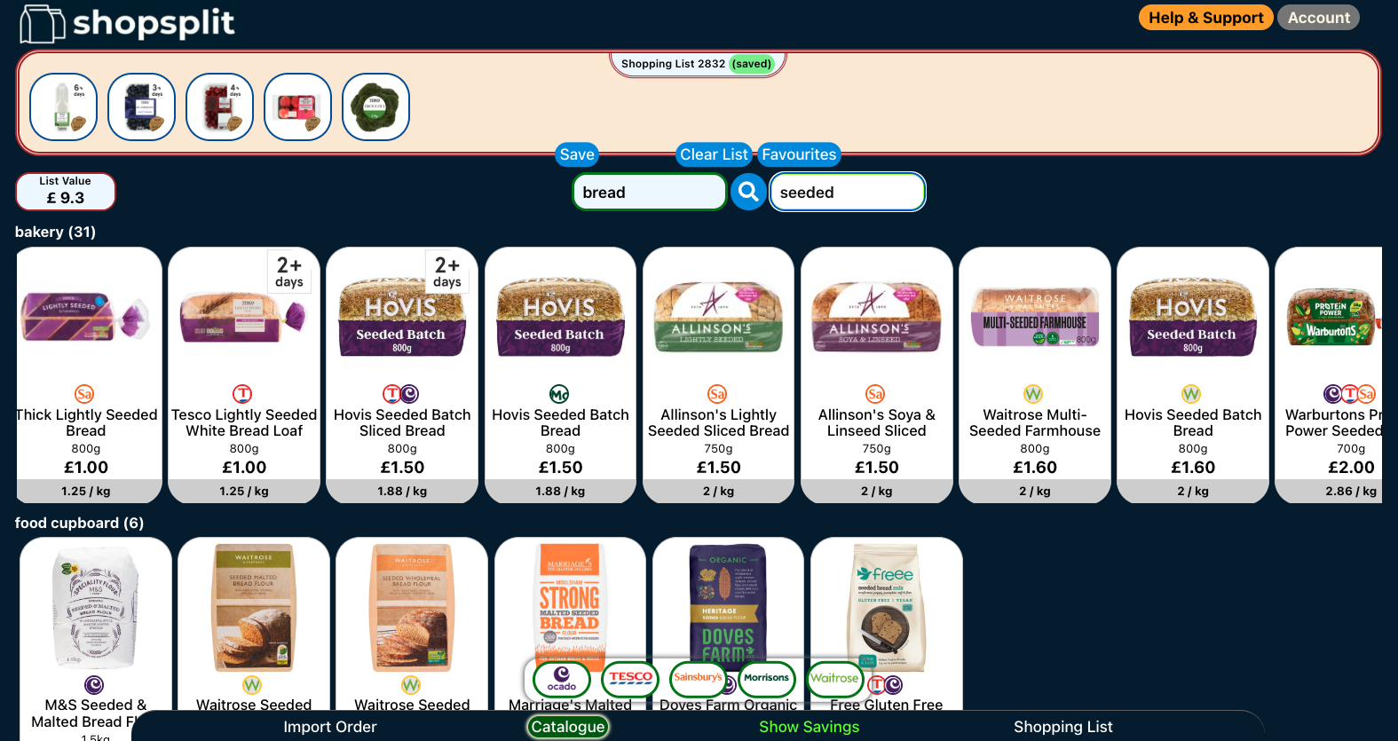 Shopsplit web platform screenshot – shopping list and savings