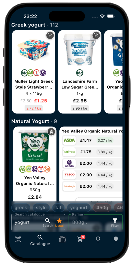 Shopsplit product catalogue on iPhone