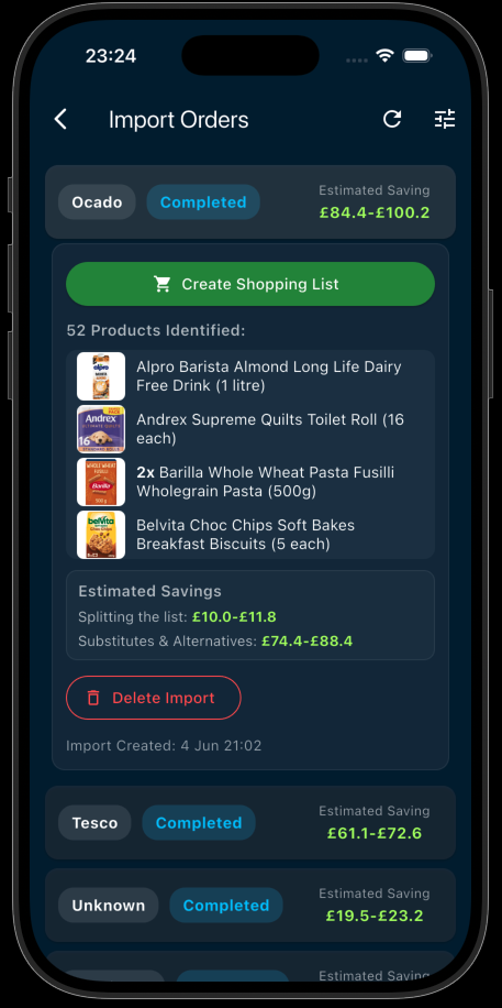Shopsplit online grocery order import on iPhone