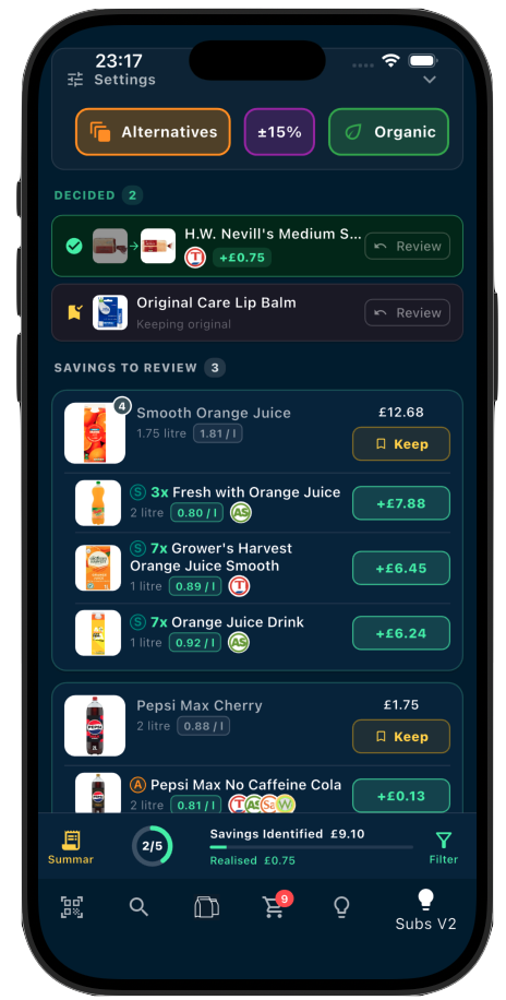 Shopsplit savings and substitutes screen on iPhone